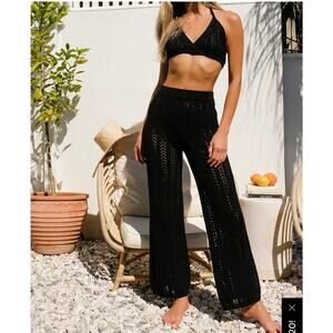 Lulus Black Knit Sheer Crochet Beach Swim Coverup Pants Boho Festival Size Small